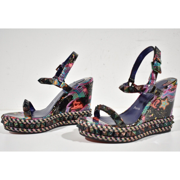 Christian Louboutin Pyraclou 110 Black Starlight Platform Wedge Sandal Heel 36 - Picture 9 of 12